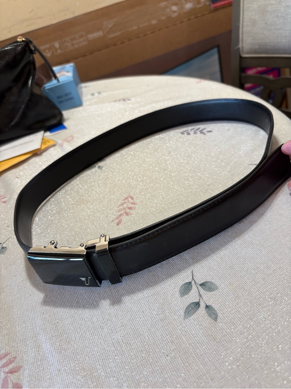 Men's Black Leather Belt with Polished Silver Buckle